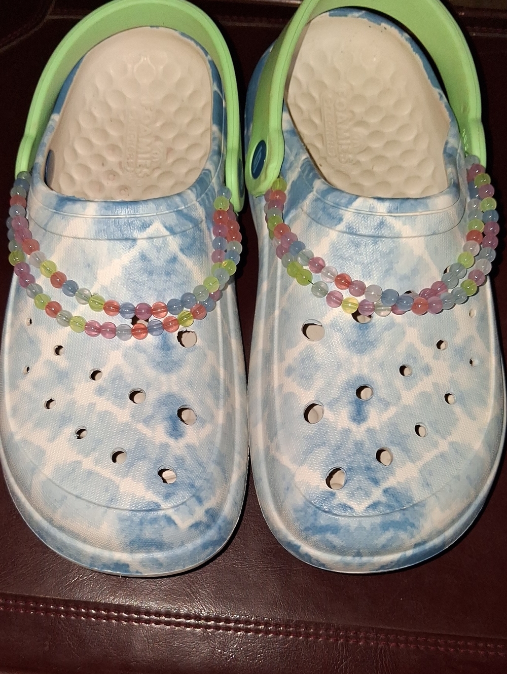 Skechers Foamies Tie-Dye Sandals with Lime Green Strap and Pastel Bead Detail